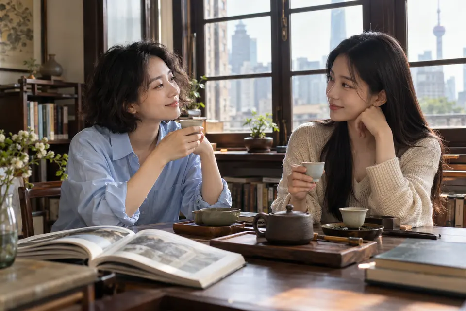 城市茶席上，年轻女性就坐品茶交流的场景示意
