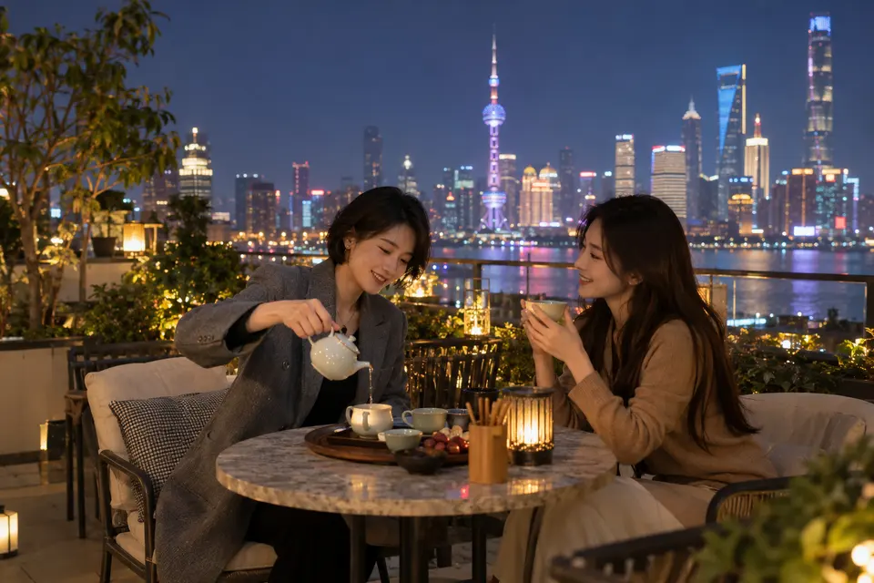 夜间屋顶露台上，几位茶友围坐倒茶交流的场景示意