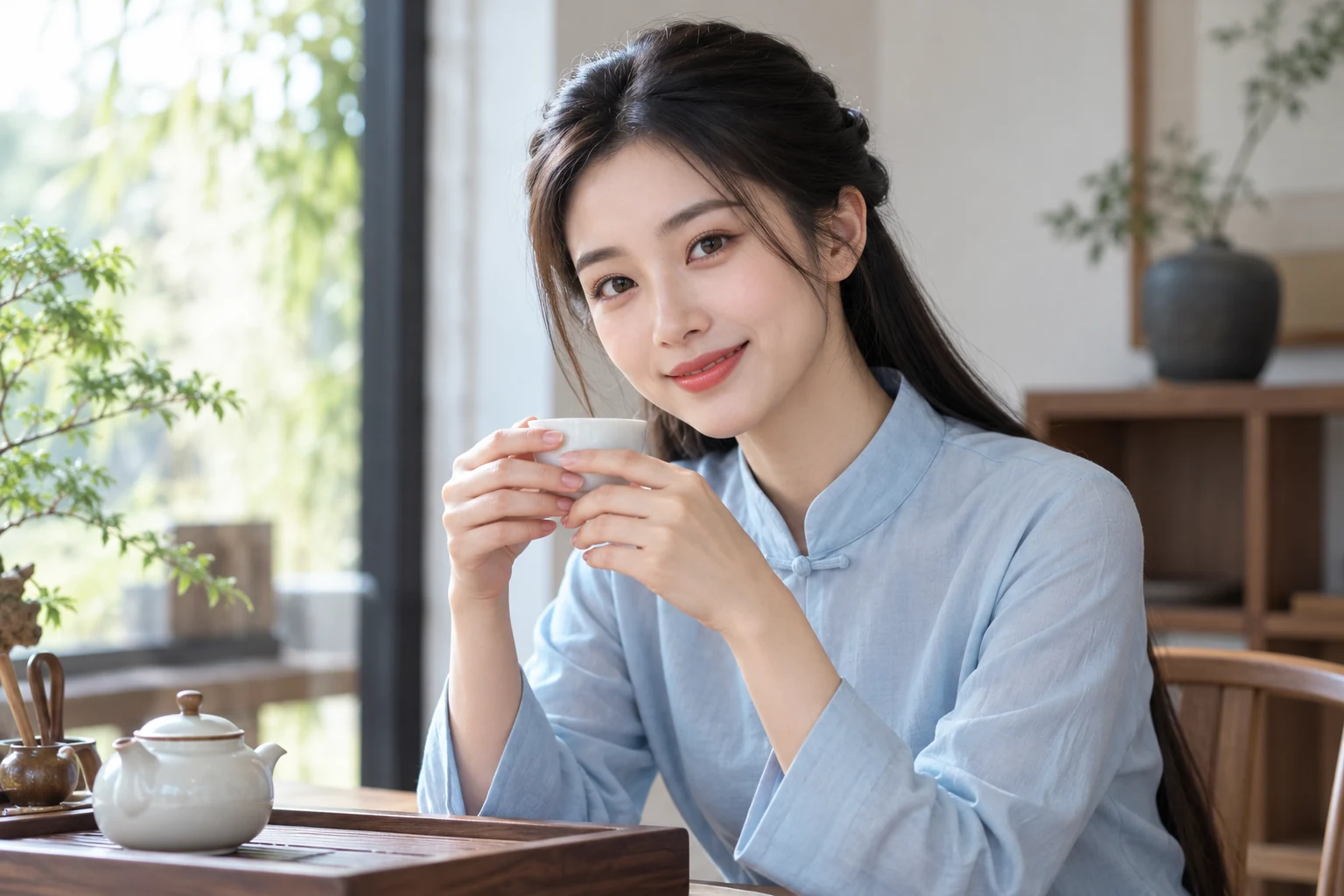 新中式茶席上的年轻女性品饮场景示意
